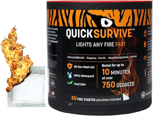 QuickLight by QUICKSURVIVE All-Purpose 100% Waterproof Fire Starters - Fire Starters for Campfires, Wood, Fire Pit, Fireplace, Charcoal, & More - All-Weather & Non-Combustible - 50 Piece Canister