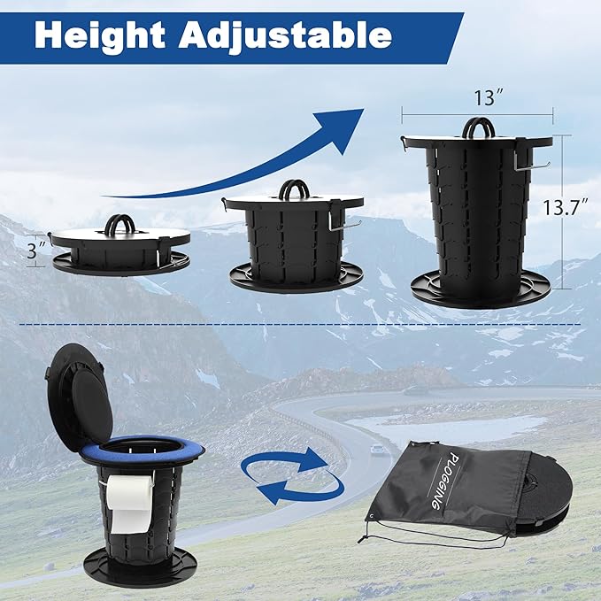 Upgraded Retractable Portable Toilet with Cushion, Adjustable Height Camping Toilets with Lid for Adults and Kids, Compact Portable Potty for Camping, Car, Travel, Boat, Tent and Emergency Use