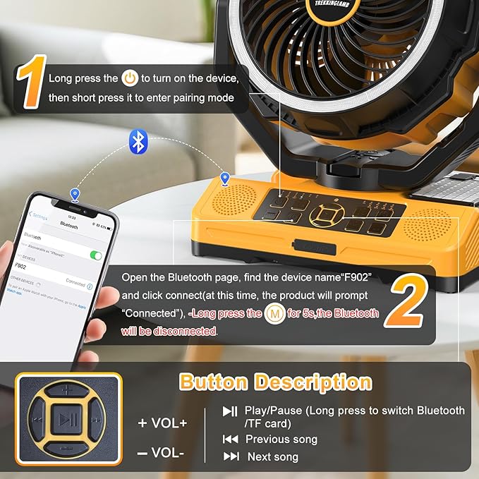 40000mAh Rechargeable Camping Fan for tents With Bluetooth Speaker, Multi-colored LED Light, 6 wind Speeds, 8h Timer, 120° Auto Oscillating Battery Operated Fan for Camping With Fast Charge Adapter