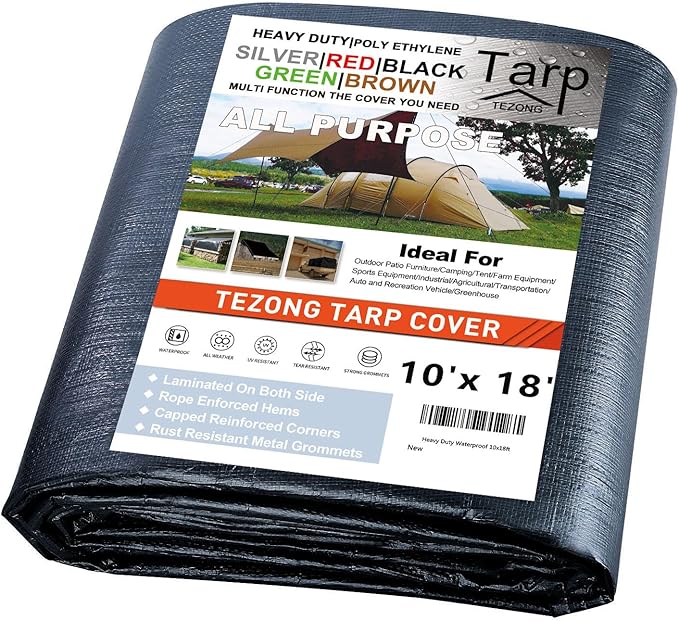 TEZONG Tarps Heavy Duty Waterproof 10x18ft,Black Plastic Tarps Large Multipurpose Outdoor Tarp Cover Thick Poly Tarpaulin 12MIL for Emergency Rain or Sun, Roof, Patio Furniture, Firewood, Canopy