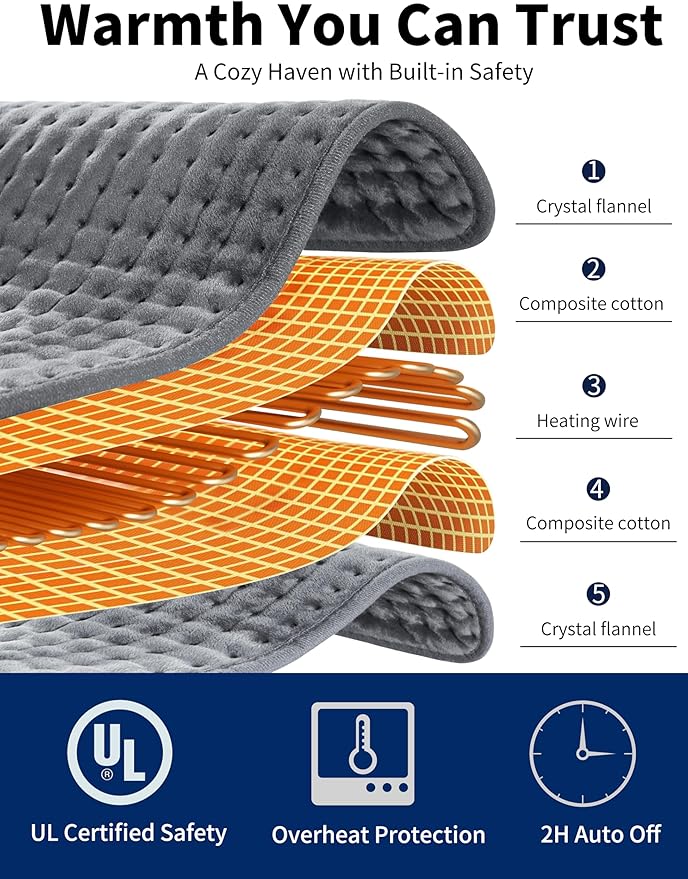 Heating Pad for Back Pain Relief, 17" X 33" XXX-Large Heating Pads for Cramps Neck & Shoulder, Extra XL Electric Heat Pad W/ 6 Temperature Settings,Moist Dry Heat Therapy,2H Auto-Off, Grey