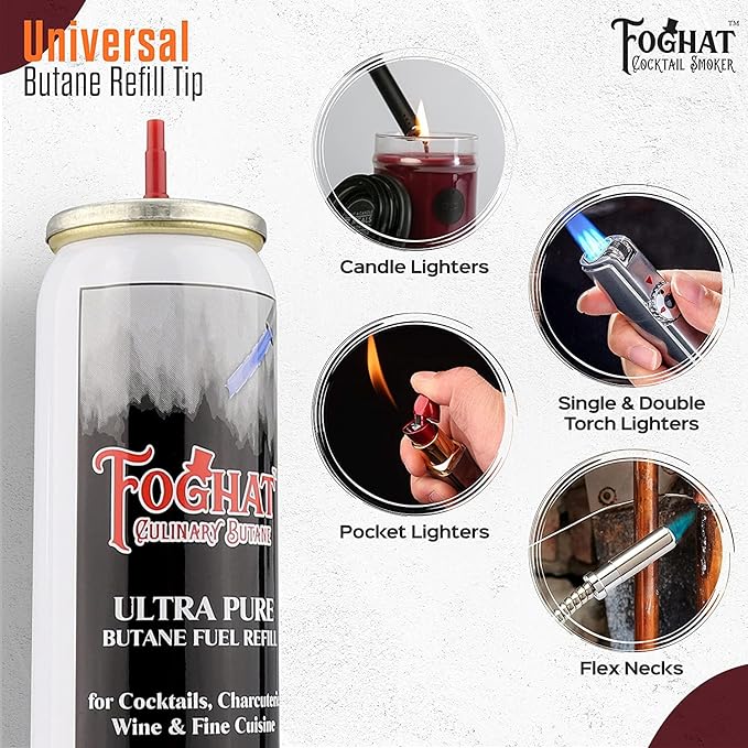 Foghat Culinary Butane Fuel Refill (Case pack 12 x 60ml) - Torch Lighter Butane Refill Canister, Fits All Kitchen Smoking Torches - Food Grade Ultra Refined For Cocktail Smoker Kit, Creme Brulee Torch