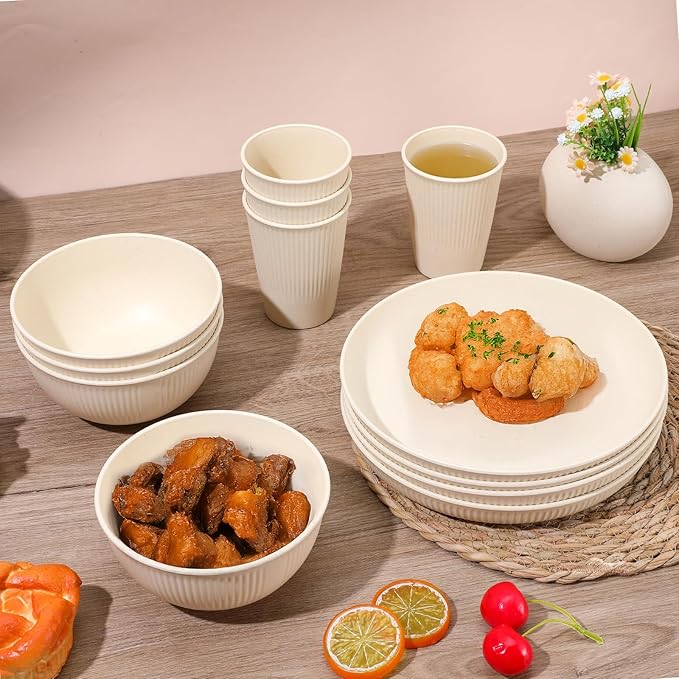 ﻿18PCS Wheat Straw Dinnerware Sets Unbreakable Dinnerwares Sets Reusable Cups Plates and Bowls Sets Microwave Dinnerware Sets for Kitchen Travel Camping ﻿
