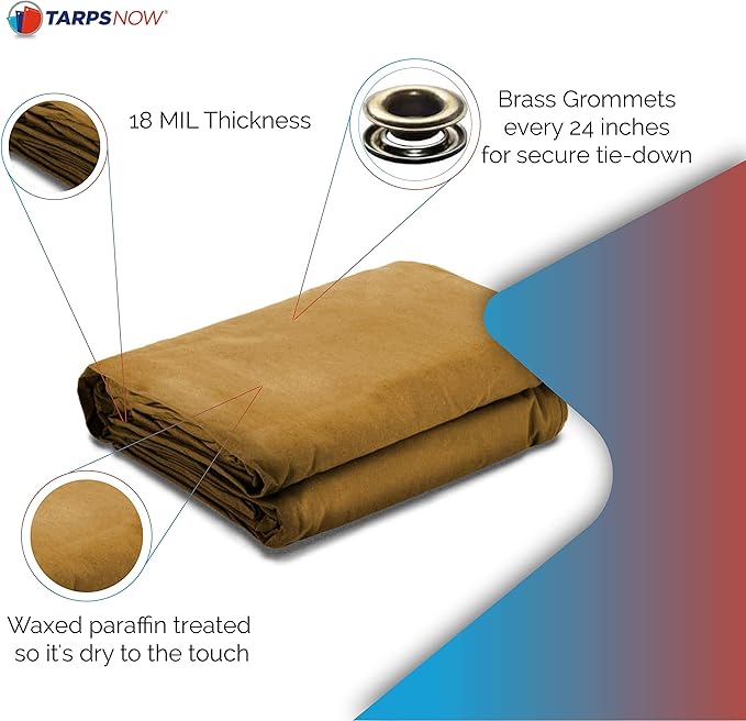 Tarps Now 8x12 ft Heavy Duty Canvas Tarp | 18 MIL Industrial Grade, Tear Resistant, Reinforced Edges, Nickel Plated Grommets | Ideal for Construction, Trucking, Manufacturing, Automotive – Tan Color
