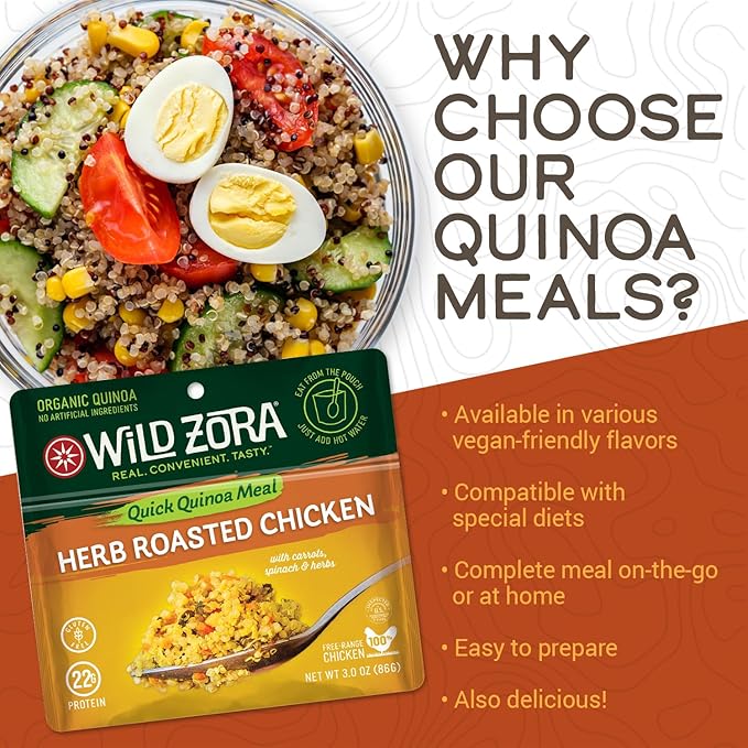 Wild Zora Instant Organic Quinoa Meals - Quick & Tasty Prepared Quinoa Bowls, Pantry Staples Gluten-Free Meal with Lentils Plus 10g Olive Oil Packet - Herb Roasted Chicken (3-Pack)