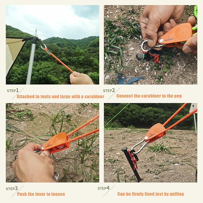 Hikeman Camping Rope with Ratchet Pulley,Quick Setup Outdoor Guy Lines Adjustable Tent Tie Downs Rope Hanger for Canopy,Kayak and Canoe,Grow Light (4PCS,Orange)