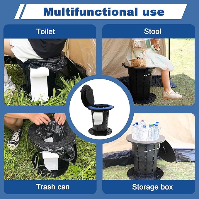 Upgraded Retractable Portable Toilet with Cushion, Adjustable Height Camping Toilets with Lid for Adults and Kids, Compact Portable Potty for Camping, Car, Travel, Boat, Tent and Emergency Use