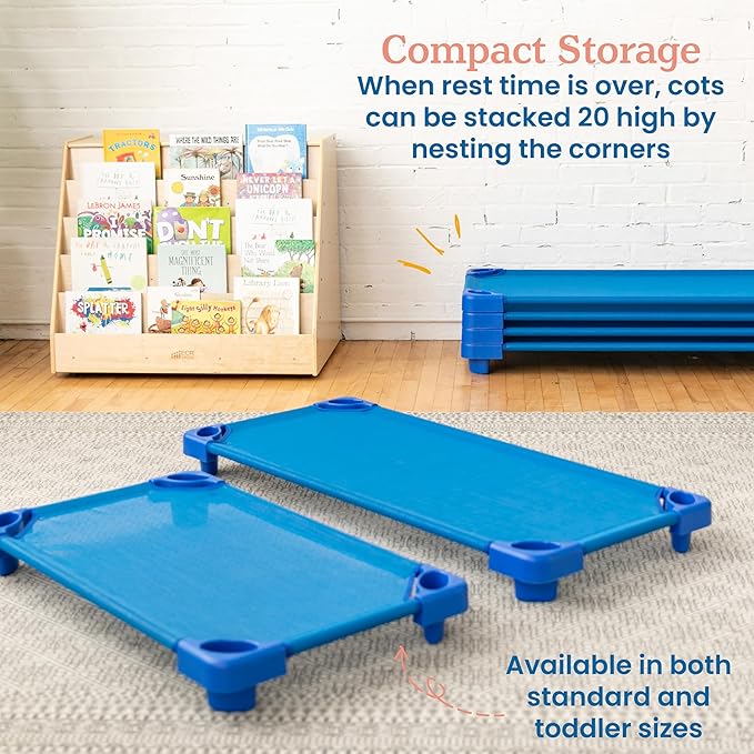 ECR4Kids Stackable Kiddie Cot, Ready-to-Assemble, Standard Size, Classroom Furniture, Blue, 6-Pack