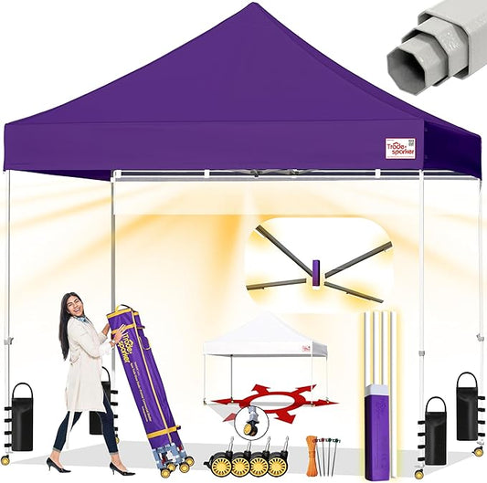 Tradesparker 10x10 Pop Up Canopy Tent,Easy up Commercial Canopy Tent Instant Shelter for Beach Events Parties Camping Market,Pop Up Canopies with LED Curtain+Casters+Weight+Stakes,Purple