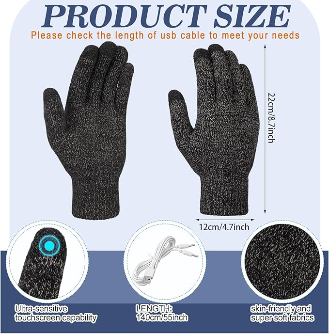 Bencailor 2 Pairs Usb Winter Heated Gloves Mitten Hand Washable Knitting Touchscreen Laptop Gloves