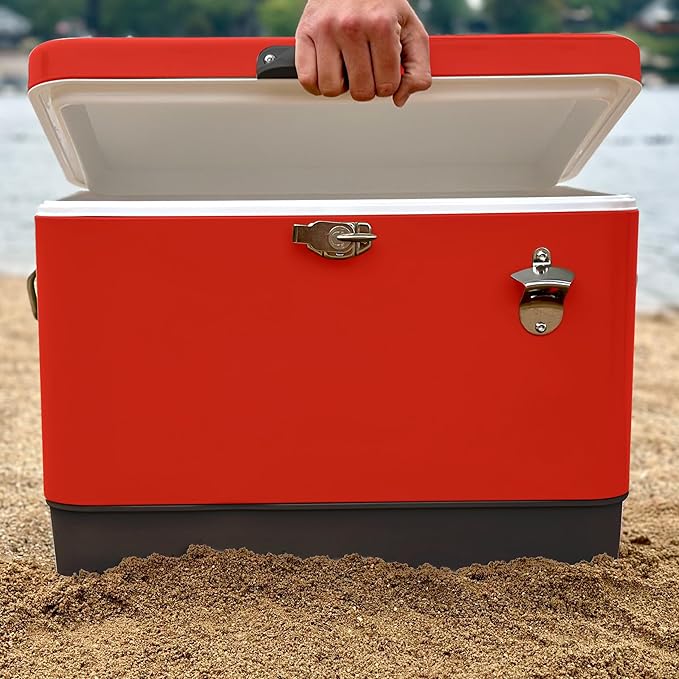 FSE Retro Metal Cooler, 80 Can/54 Qt. Capacity, Hard-Sided, Two Tone, Holds Up to 80 Beverage Cans, Metal Construction with Plastic Lining