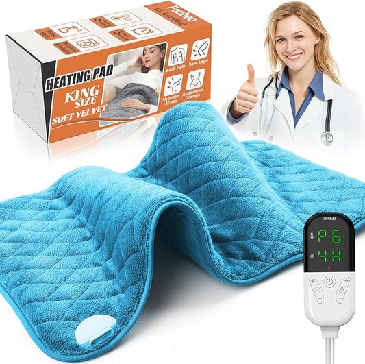Electric Heating Pad for Pain Relief - 35"x20" King Size, Moist & Dry Heat, Soft Velvet, Machine Washable, Adjustable Temperature, Auto Shut-Off, Ideal for Back, Neck, Shoulder & Menstrual Cramps