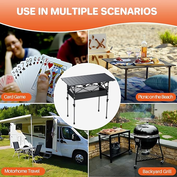 FUNYKICH Folding Camping Table(L32.3''xW15.7''), Aluminum Roll-up Portable Picnic Table with 2 Adjustable Height, Large Storage and Carrying Bag for Picnic, Camping, BBQ, Party, Backyard, Beach