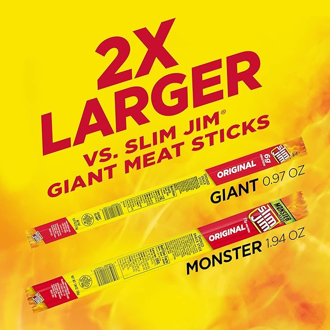 Slim Jim Monster Smoked Meat Sticks, Original Flavor, High Protein, 1.94 oz. (18 Count)