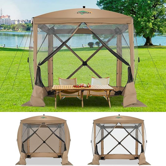 COBIZI 6x6 Pop up Gazebo Tent on Clearance, Ez up Waterproof Screen Tent Screen House with 3 sidewalls,Portable Outdoor Canopy with Carry Bag & Ground Stakes for Camping,Garden and Picnics, Khaki