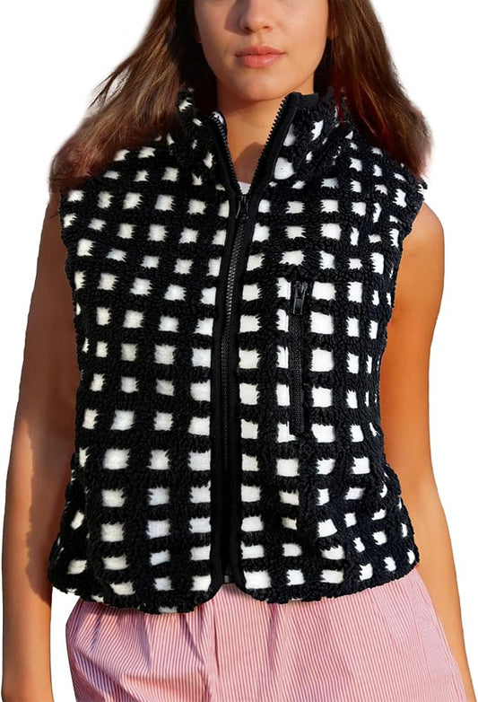 Colorful world Womens Checkered Sherpa Vest Fleece Jacket Lightweight Zip Up Sleeveless Crochet Plaid Gilet with Pocket