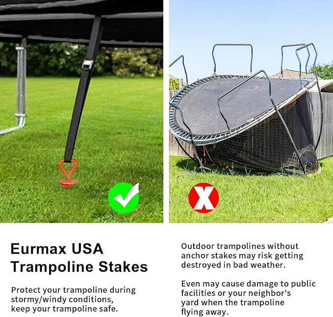 Eurmax USA Trampoline Stakes Heavy Duty Trampoline Parts Steel Stakes Anchor Kit for Trampolines Canopy Anchor Dog Tie Out Stakes -Set of 4 Bonus 4 Strong Belt(Orange)