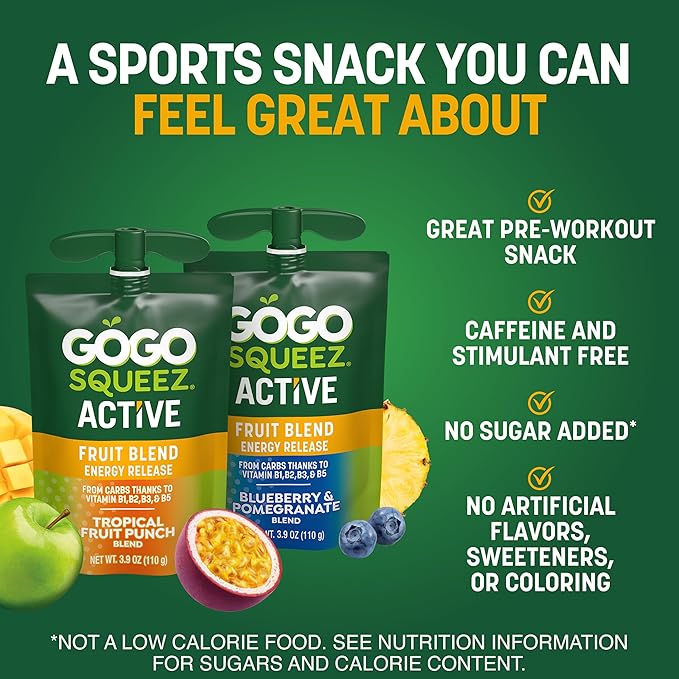 GoGo squeeZ Active Fruit Blend Energy Release|18-Count Variety Pack|Tropical Fruit Punch and Blueberry & Pomegranate|Made with Real Fruit and B Vitamins