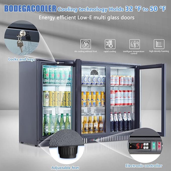 BODEGACOOLER Back Bar Cooler With 3 Glass Doors 11.4 cu.ft, 21 Inch Counter Height Commercial Beverage Refrigerator with LED Lighting,Display Beverage Cooler for Beer,Soda Drinks,Wine