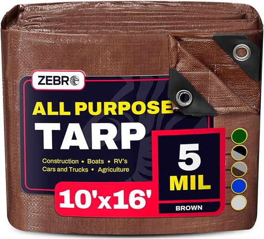 10' x 16' Brown Tarp with Grommets Reinforced - 5 Mil Thick - Durable UV Resistant Plastic Tarps Waterproof - Large Tarpaulin Cover for Outdoor Camping Over/Under Tent Tarp RV Roof Rain - Zebro