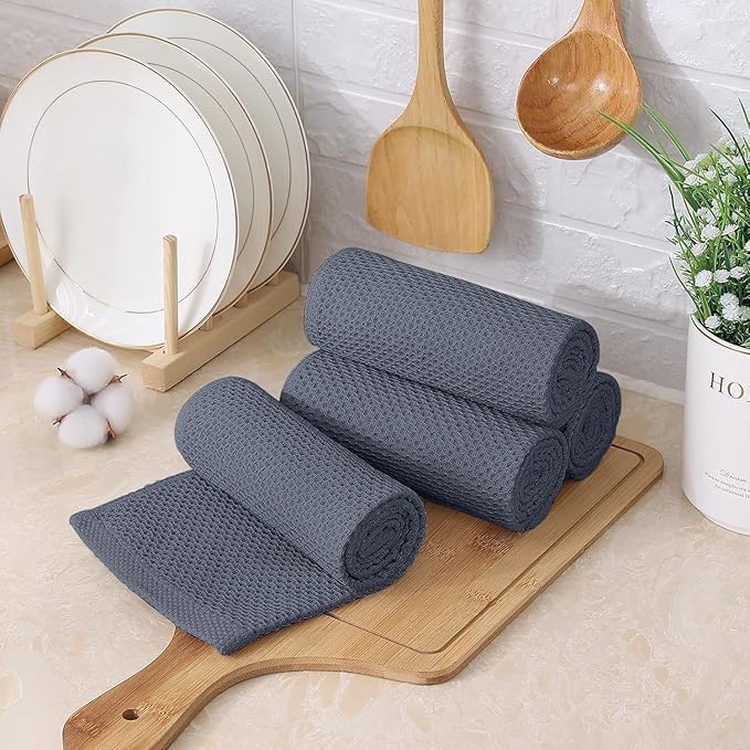 Kitinjoy 100% Cotton Kitchen Towels and Dishcloths Set, 10 Pack-13" x 28" and 12" x 12" Waffle Weave Dish Towels, Ultra Soft Absorbent Quick Drying Dish Rags, Dark Grey