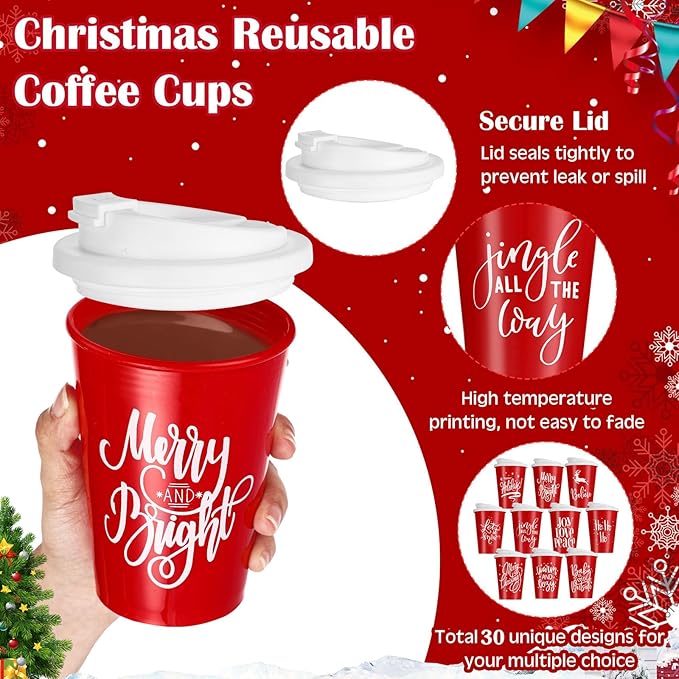 Sliner 30 Pcs Christmas Reusable Coffee Cups with Lids Bulk 12 oz Christmas Plastic Cup Gifts Xmas Drinks Tumblers with Snowflake for Coworkers Family Winter Party Favors (Red)
