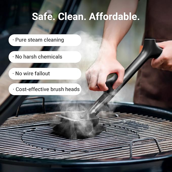 Grill Brush Bristle Free with 3 Replacement Brush Heads, Steam Grill Brush with Scraper, Non Metal Bristles for Cast Iron, Stainless-Steel Grates, Safe for Non-Stick Surface, Black