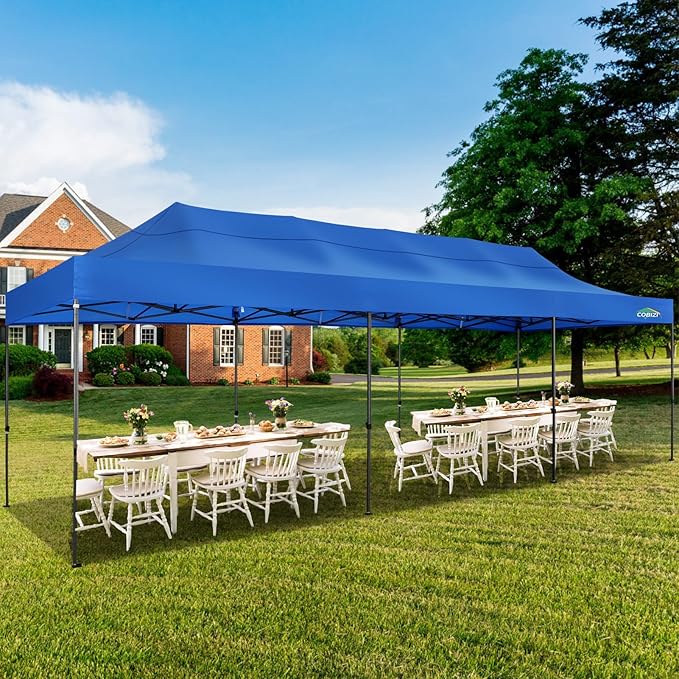 COBIZI 10x30 Pop up Canopy, Heavy Duty Outdoor Party Tents for Parties, Ez up UPF 50+ Waterproof Commercial Canopy with Wheeled Bag can fold, Blue(Windproof Upgraded)
