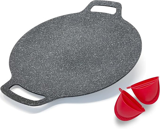 Korean Style BBQ Grill Pan for Stove Top, Camping and IH, 13" Round Griddle With Double Bottom, Non-stick Coating Frying Pan