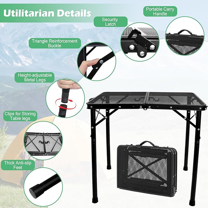 Small Folding Grill Table for Outside, 3 Heights Adjustable Lightweight Portable Metal Outdoor Grill Table for Camping Picnic Cooking BBQ, Black