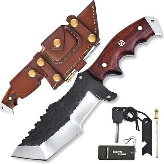 KIMPE 10.5’’ Hand-Forged Spring Steel Hunting Knife with Leather Sheath-Fixed Blade EDC Knife-Bushcraft Knives-Rose Wood Handle-Best Camping & Survival Knives-Knives for Men. (Spring Steel & Rose Wood)