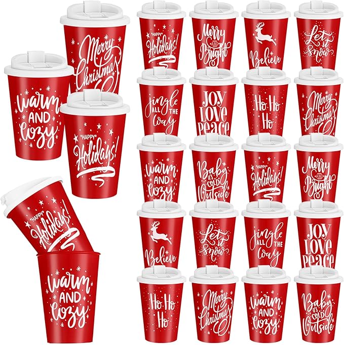 Sliner 20 Pcs Christmas Reusable Coffee Cups with Lids Bulk 12 oz Christmas Plastic Cup Gifts Xmas Drinks Tumblers with Snowflake for Coworkers Family Winter Party Favors (Red)