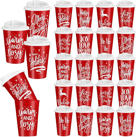 Sliner 20 Pcs Christmas Reusable Coffee Cups with Lids Bulk 12 oz Christmas Plastic Cup Gifts Xmas Drinks Tumblers with Snowflake for Coworkers Family Winter Party Favors (Red)