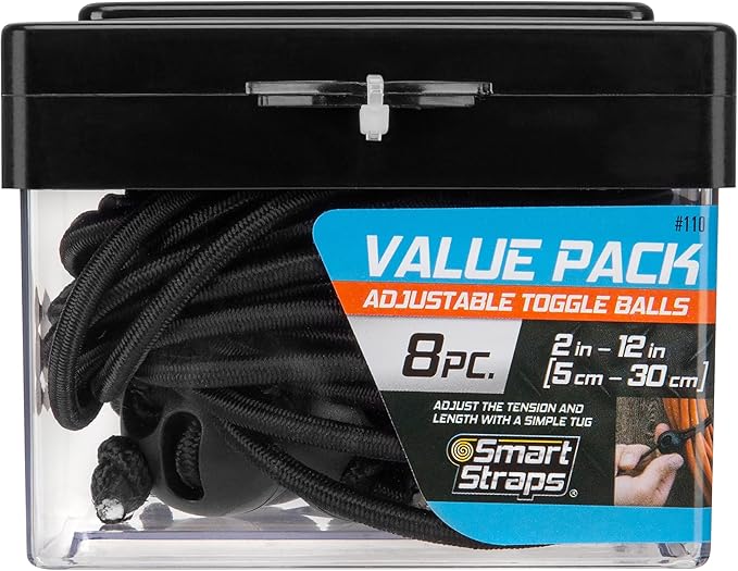 SmartStraps Adjustable Toggle Ball Bungee Cord, Adjust Tension And Length From 2-12” – Great To Keep In Your Car, Boat And Workshop (pack of 8)