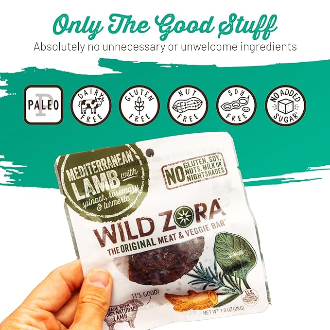 Wild Zora Meat & Veggie Bars, Mediterranean Lamb, 10-Pack, 100% Grass Fed Lamb, Healthy Jerky Paleo Snacks, AIP Friendly, Gluten Free, Soy Free, High Protein, No Added Sweetener, Lamb Jerky Snacks