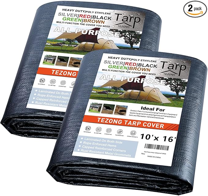 Tarp Heavy Duty Waterproof 10x16ft,TEZONG Black Tarp 12Mil Plastic Tarpaulin Outdoor Tarp Cover for Emergency Rain,Patio Furniture,Wood,Roof,Camping,Car,Pool 2pack