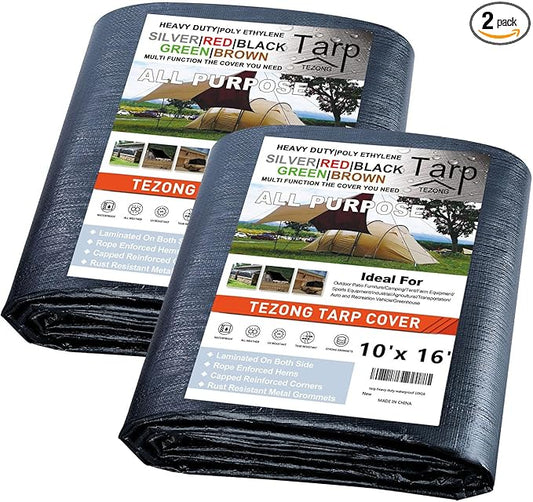 Tarp Heavy Duty Waterproof 10x16ft,TEZONG Black Tarp 12Mil Plastic Tarpaulin Outdoor Tarp Cover for Emergency Rain,Patio Furniture,Wood,Roof,Camping,Car,Pool 2pack