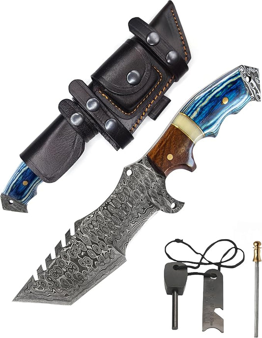 10.5” Damascus knife-Fixed Blade Hunting Knife with Sheath-Bushcraft knife-Survival Knife-Camping knife- Ideal For EDC, skinning, Camping, Outdoor-Best Hunting Knives For Men.Red wood, Camel Bone & Pakka Blue Handle