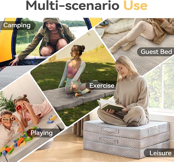 BDEUS Memory Foam Folding Mattress 4 Inch Small Full Size with Protable Storage Bag, Trifold Mattress Topper Soft Guest Bed Floor Mat for Kids Camping Road Trip, Gray, 52 x 73 Inch