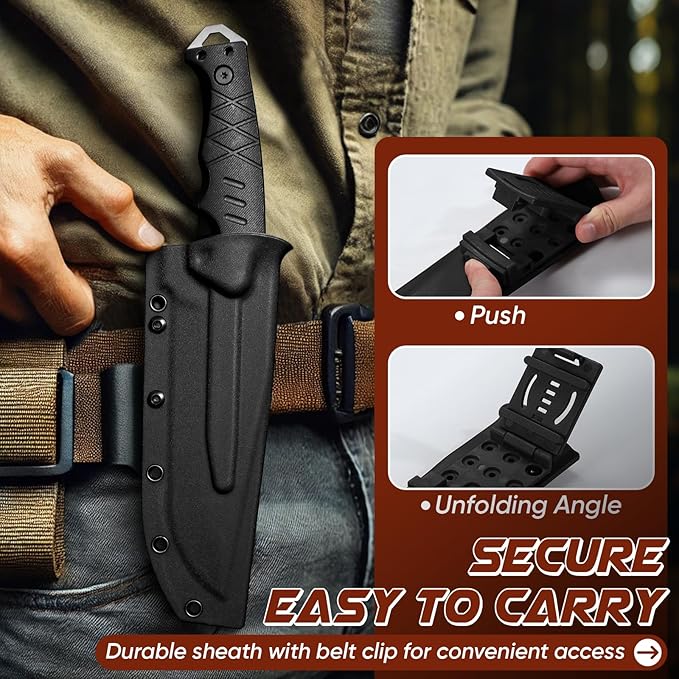Purple Dragon Tactical Knife with Kydex Sheath - D2 Steel Survival Knives for Camping, Bushcraft, Hunting - Ergonomic G10 Handle Outdoor Survival Gear Gift for Men(Black)