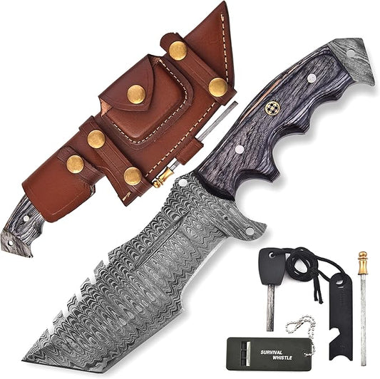 KIMPE 10.5’’ Damascus Hunting Knife with Leather Sheath-Fixed Blade EDC Knife-Bushcraft Knives-Wood Handle-Best Camping & Survival Knives-Knives for Men. (Pakka-Grey)