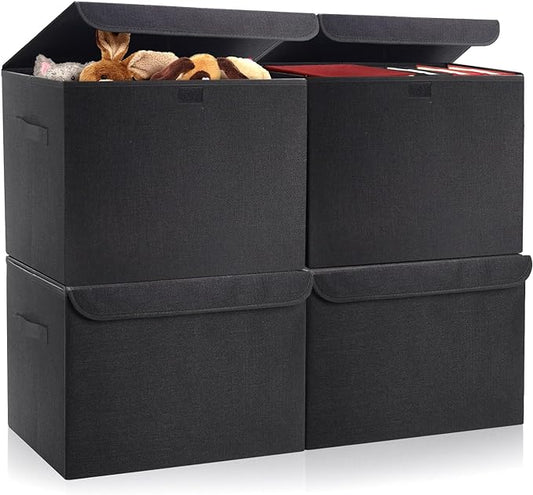 Large 22 Quart Linen Fabric Foldable Storage Bin Cube Organizer Basket with Flip-Top Lid & Handles, Clothes Blanket Box for Home, Office, Closet, Black, 4 Pack 14.6 x 9.5 x 9.5”