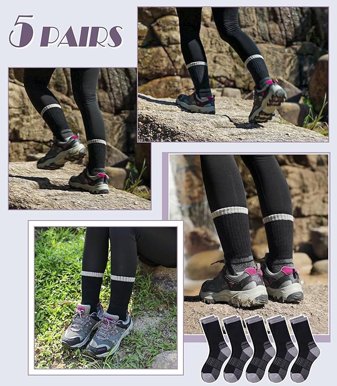 DYW Womens Merino Wool Hiking Socks Thermal Warm Winter Boot Crew Socks Cushion Work Walking Gift Socks 5 Pairs