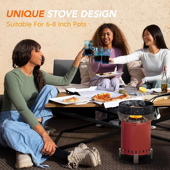 Mini Smokeless Tabletop Fire Pit with Pan Stand, Portable Stainless Steel Firepit Stove for Camping, Burns Pellets or Wood, Includes Travel Bag, Red