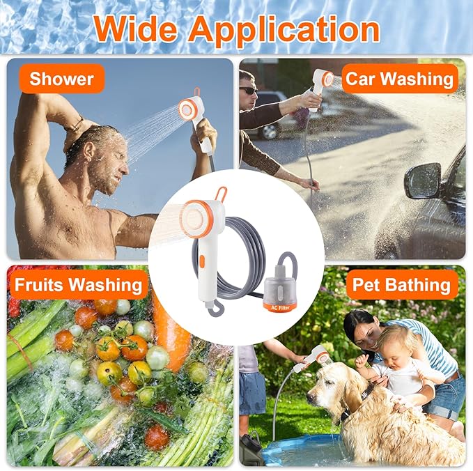 Portable Camping Shower Head with Filter Function, Handheld Electric Shower Head with LED Light and USB-C, Integrated Design of Water Pump with Filtration, Outdoor Camp, RV, Travel, Indoors