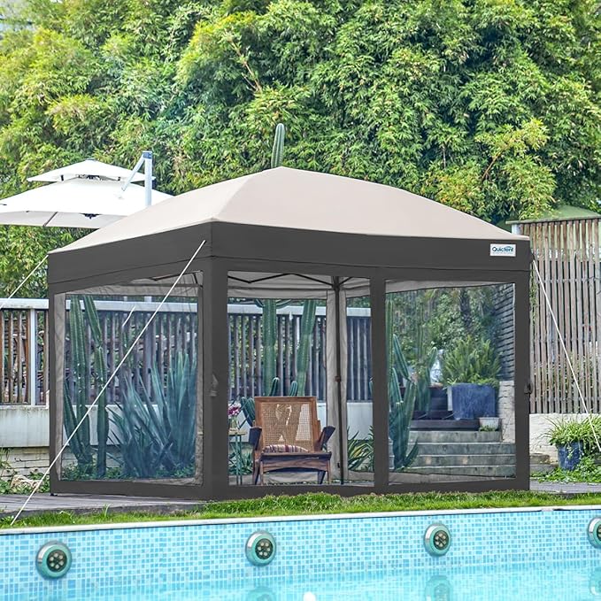 Quictent 10’x10’ Pop up Canopy Tent with Netting, One Person Instant Setup Screen House Room Tent Screened- 2 Magnetic Doors Waterproof (Gray)