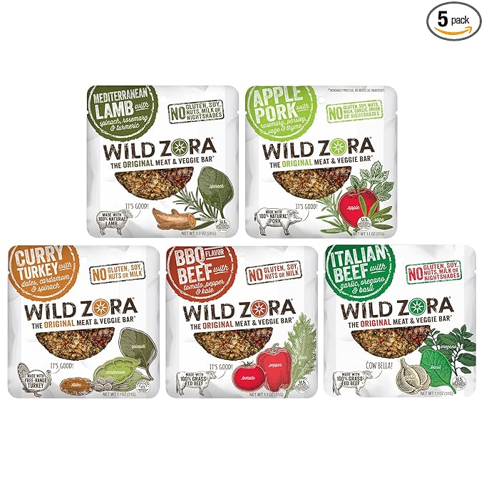 Wild Zora Meat & Veggie Bars, Variety 5-Pack, Natural Pork, Beef, Lamb, & Turkey Jerky Snacks, Healthy Paleo Snacks, AIP Friendly Options, Gluten Free, Soy Free, High Protein, No Added Sweetener