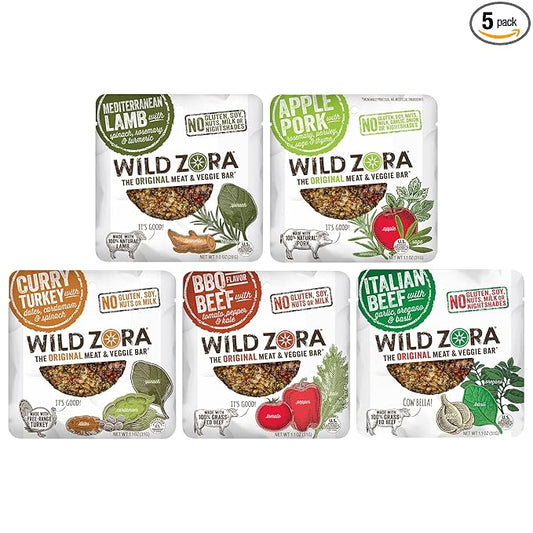 Wild Zora Meat & Veggie Bars, Variety 5-Pack, Natural Pork, Beef, Lamb, & Turkey Jerky Snacks, Healthy Paleo Snacks, AIP Friendly Options, Gluten Free, Soy Free, High Protein, No Added Sweetener