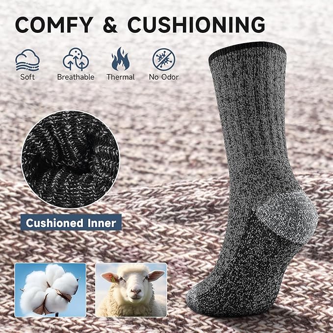 BESTENA Merino Wool Hiking Socks for Men 5 Pairs Thermal Warm Winter Thick Cushion Moisture Wicking Crew Boot Socks