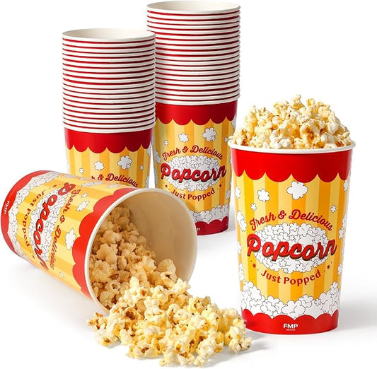 Fit Meal Prep 25 Pack Classic Paper Popcorn Buckets Disposable, 64 Oz Grease Resistant Popcorn Bowls Cups for Machine Home Theater Carnival Movie Night